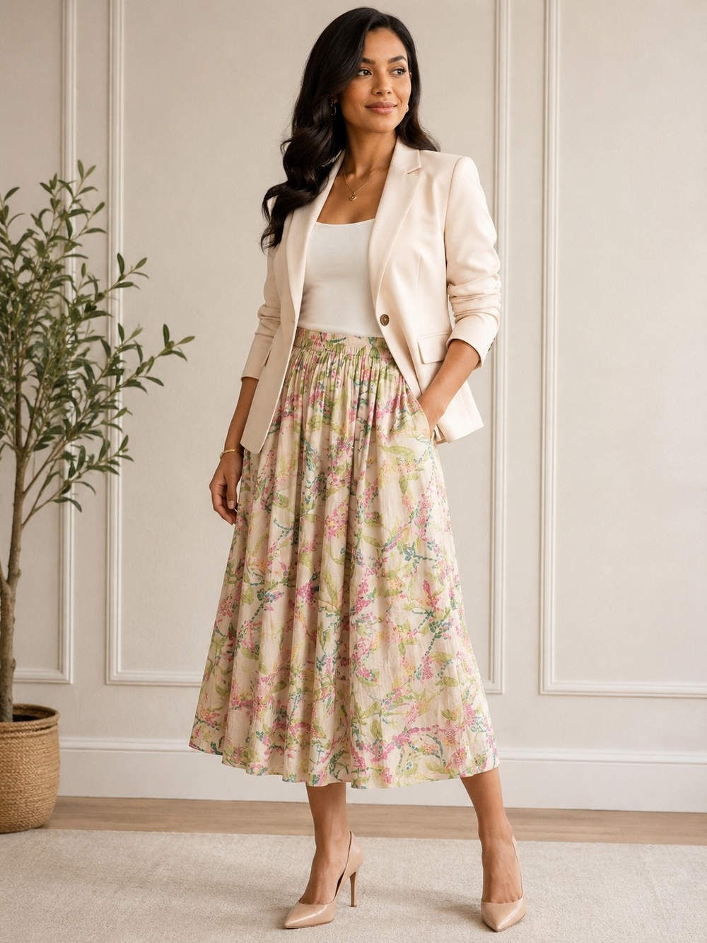 Charter Club Cream Floral Midi Skirt with Pink and Green Blooms Pre-owned (L)